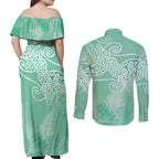 Aotearoa Maori Koru Curves Couples Matching Off Shoulder Maxi Dress and Long Sleeve Button Shirt Silver Ferns - Mint