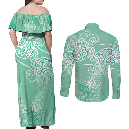 Aotearoa Maori Koru Curves Couples Matching Off Shoulder Maxi Dress and Long Sleeve Button Shirt Silver Ferns - Mint