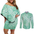 Aotearoa Maori Koru Curves Couples Matching Off Shoulder Short Dress and Long Sleeve Button Shirt Silver Ferns - Mint