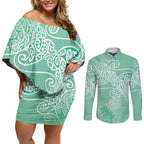 Aotearoa Maori Koru Curves Couples Matching Off Shoulder Short Dress and Long Sleeve Button Shirt Silver Ferns - Mint