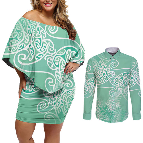 Aotearoa Maori Koru Curves Couples Matching Off Shoulder Short Dress and Long Sleeve Button Shirt Silver Ferns - Mint