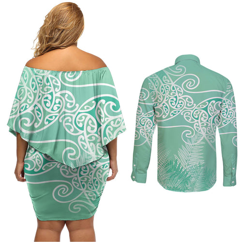 Aotearoa Maori Koru Curves Couples Matching Off Shoulder Short Dress and Long Sleeve Button Shirt Silver Ferns - Mint