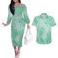 Aotearoa Maori Koru Curves Couples Matching Off The Shoulder Long Sleeve Dress and Hawaiian Shirt Silver Ferns - Mint