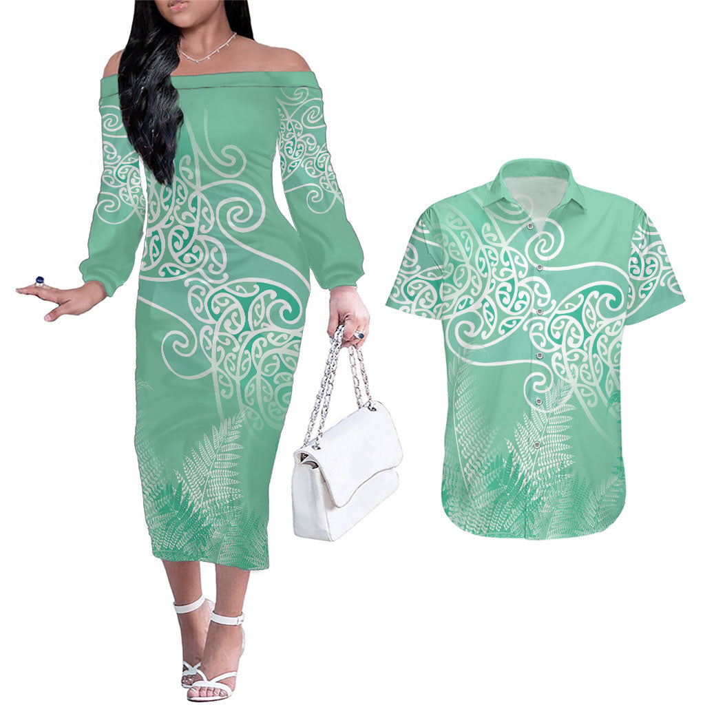 Aotearoa Maori Koru Curves Couples Matching Off The Shoulder Long Sleeve Dress and Hawaiian Shirt Silver Ferns - Mint