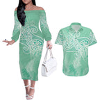 Aotearoa Maori Koru Curves Couples Matching Off The Shoulder Long Sleeve Dress and Hawaiian Shirt Silver Ferns - Mint