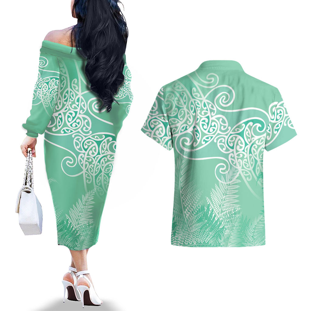 Aotearoa Maori Koru Curves Couples Matching Off The Shoulder Long Sleeve Dress and Hawaiian Shirt Silver Ferns - Mint