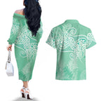 Aotearoa Maori Koru Curves Couples Matching Off The Shoulder Long Sleeve Dress and Hawaiian Shirt Silver Ferns - Mint