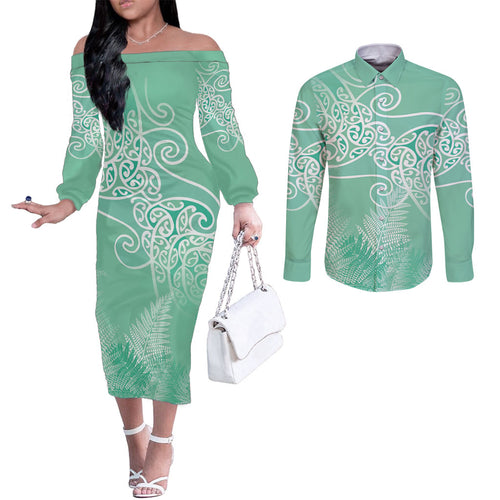 Aotearoa Maori Koru Curves Couples Matching Off The Shoulder Long Sleeve Dress and Long Sleeve Button Shirt Silver Ferns - Mint