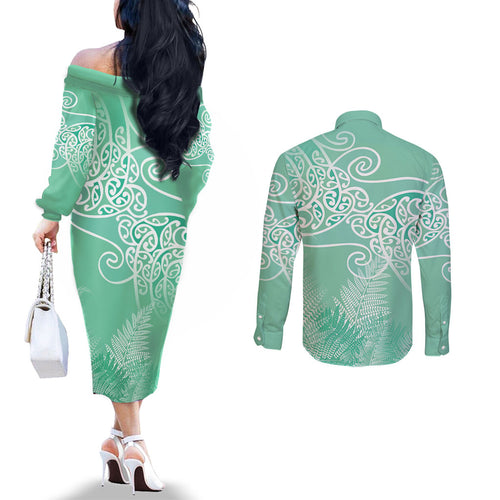 Aotearoa Maori Koru Curves Couples Matching Off The Shoulder Long Sleeve Dress and Long Sleeve Button Shirt Silver Ferns - Mint