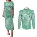 Aotearoa Maori Koru Curves Couples Matching Puletasi and Long Sleeve Button Shirt Silver Ferns - Mint