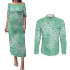 Aotearoa Maori Koru Curves Couples Matching Puletasi and Long Sleeve Button Shirt Silver Ferns - Mint