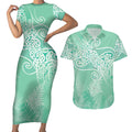 Aotearoa Maori Koru Curves Couples Matching Short Sleeve Bodycon Dress and Hawaiian Shirt Silver Ferns - Mint