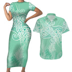 Aotearoa Maori Koru Curves Couples Matching Short Sleeve Bodycon Dress and Hawaiian Shirt Silver Ferns - Mint