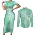 Aotearoa Maori Koru Curves Couples Matching Short Sleeve Bodycon Dress and Long Sleeve Button Shirt Silver Ferns - Mint