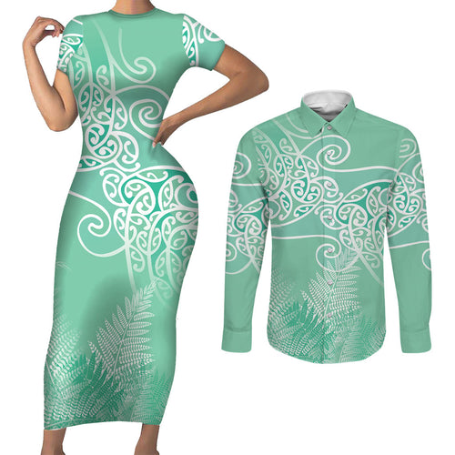 Aotearoa Maori Koru Curves Couples Matching Short Sleeve Bodycon Dress and Long Sleeve Button Shirt Silver Ferns - Mint