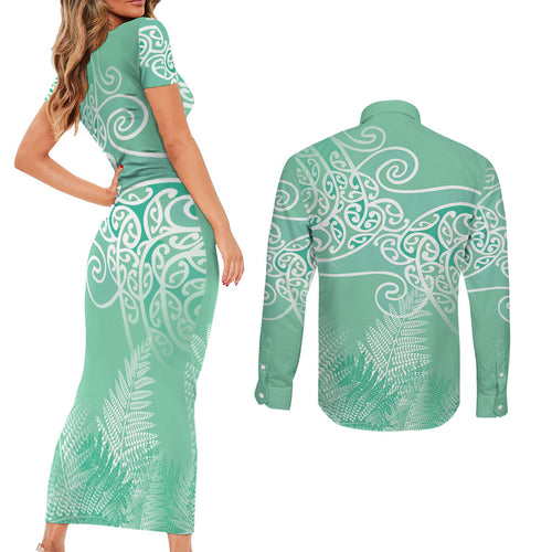 Aotearoa Maori Koru Curves Couples Matching Short Sleeve Bodycon Dress and Long Sleeve Button Shirt Silver Ferns - Mint