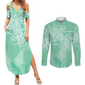 Aotearoa Maori Koru Curves Couples Matching Summer Maxi Dress and Long Sleeve Button Shirt Silver Ferns - Mint