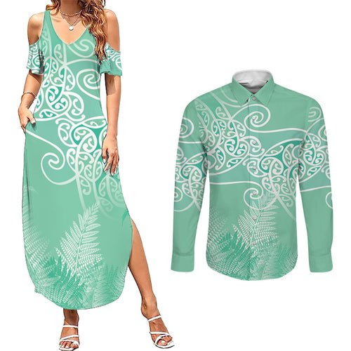 Aotearoa Maori Koru Curves Couples Matching Summer Maxi Dress and Long Sleeve Button Shirt Silver Ferns - Mint