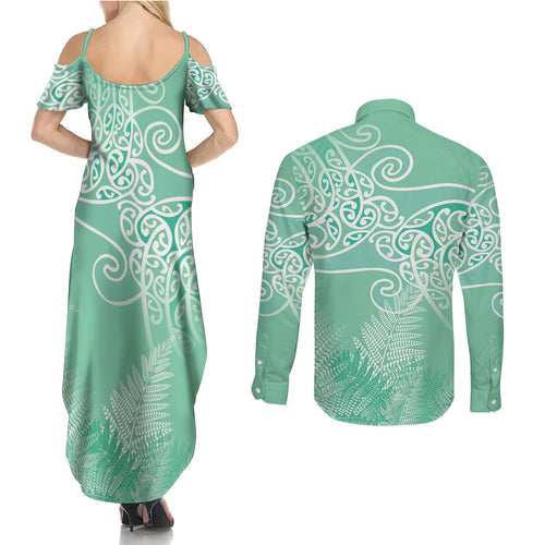 Aotearoa Maori Koru Curves Couples Matching Summer Maxi Dress and Long Sleeve Button Shirt Silver Ferns - Mint