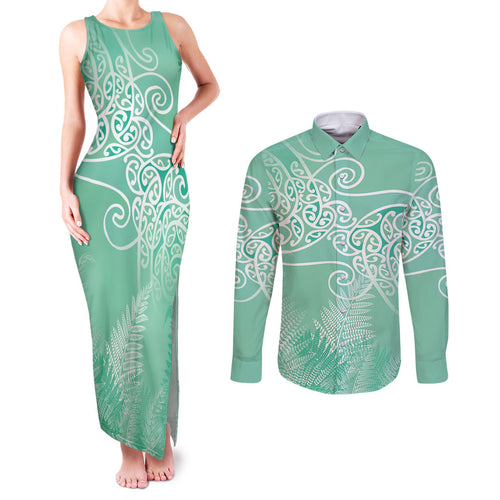 Aotearoa Maori Koru Curves Couples Matching Tank Maxi Dress and Long Sleeve Button Shirt Silver Ferns - Mint