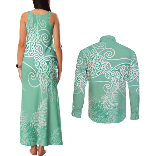 Aotearoa Maori Koru Curves Couples Matching Tank Maxi Dress and Long Sleeve Button Shirt Silver Ferns - Mint
