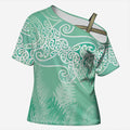 Aotearoa Maori Koru Curves Cross Shoulder Shirt Silver Ferns - Mint