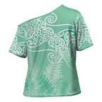 Aotearoa Maori Koru Curves Cross Shoulder Shirt Silver Ferns - Mint