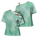 Aotearoa Maori Koru Curves Cross Shoulder Shirt Silver Ferns - Mint