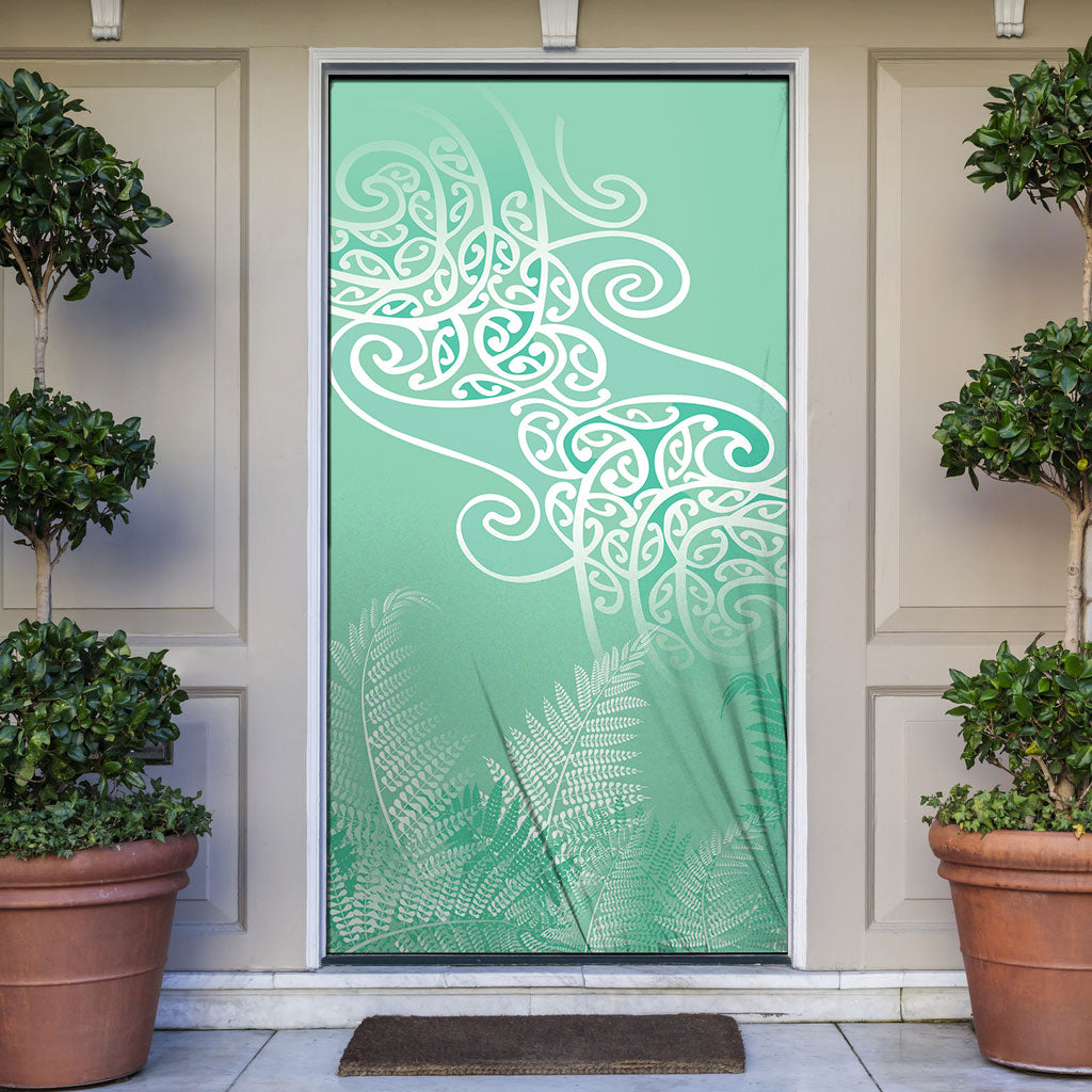 Aotearoa Maori Koru Curves Door Cover Silver Ferns - Mint
