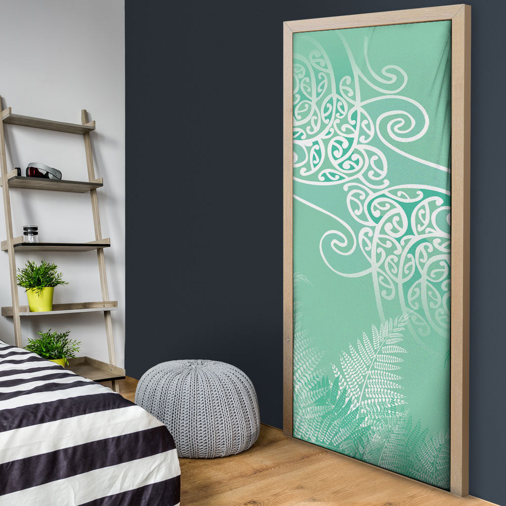 Aotearoa Maori Koru Curves Door Cover Silver Ferns - Mint