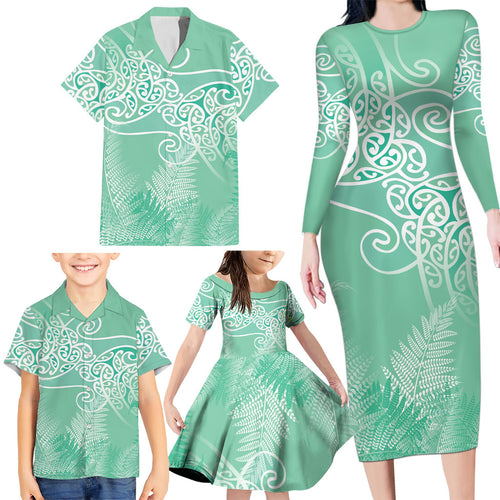 Aotearoa Maori Koru Curves Family Matching Long Sleeve Bodycon Dress and Hawaiian Shirt Silver Ferns - Mint