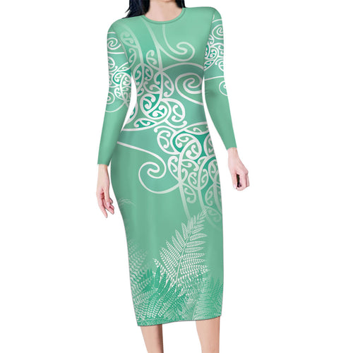 Aotearoa Maori Koru Curves Family Matching Long Sleeve Bodycon Dress and Hawaiian Shirt Silver Ferns - Mint