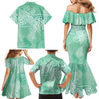 Aotearoa Maori Koru Curves Family Matching Mermaid Dress and Hawaiian Shirt Silver Ferns - Mint