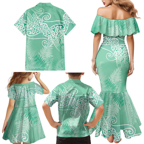 Aotearoa Maori Koru Curves Family Matching Mermaid Dress and Hawaiian Shirt Silver Ferns - Mint