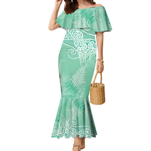 Aotearoa Maori Koru Curves Family Matching Mermaid Dress and Hawaiian Shirt Silver Ferns - Mint