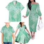 Aotearoa Maori Koru Curves Family Matching Off The Shoulder Long Sleeve Dress and Hawaiian Shirt Silver Ferns - Mint