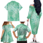 Aotearoa Maori Koru Curves Family Matching Off The Shoulder Long Sleeve Dress and Hawaiian Shirt Silver Ferns - Mint