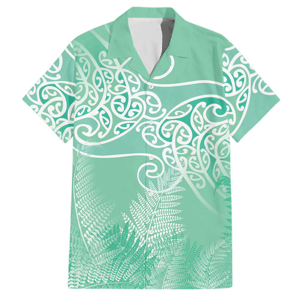 Aotearoa Maori Koru Curves Family Matching Off The Shoulder Long Sleeve Dress and Hawaiian Shirt Silver Ferns - Mint