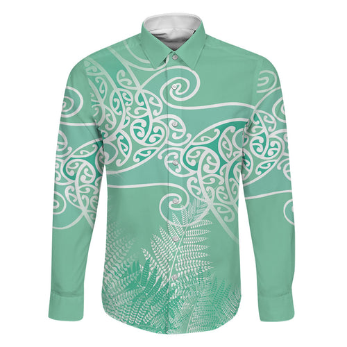 Aotearoa Maori Koru Curves Family Matching Off The Shoulder Long Sleeve Dress and Hawaiian Shirt Silver Ferns - Mint