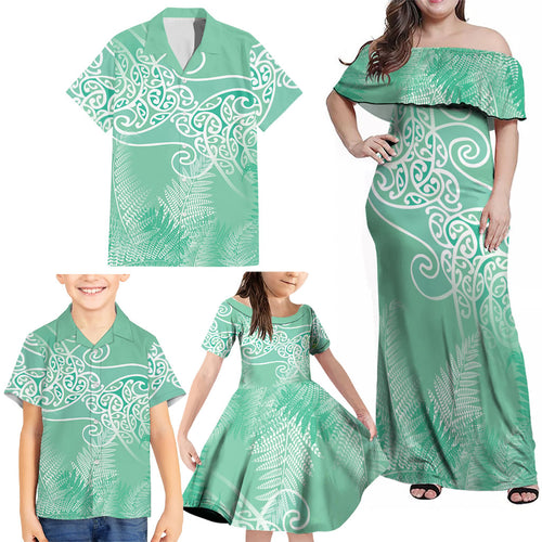 Aotearoa Maori Koru Curves Family Matching Off Shoulder Maxi Dress and Hawaiian Shirt Silver Ferns - Mint