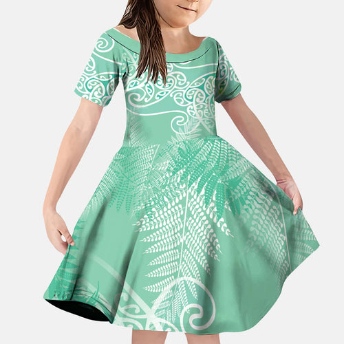 Aotearoa Maori Koru Curves Family Matching Off Shoulder Maxi Dress and Hawaiian Shirt Silver Ferns - Mint