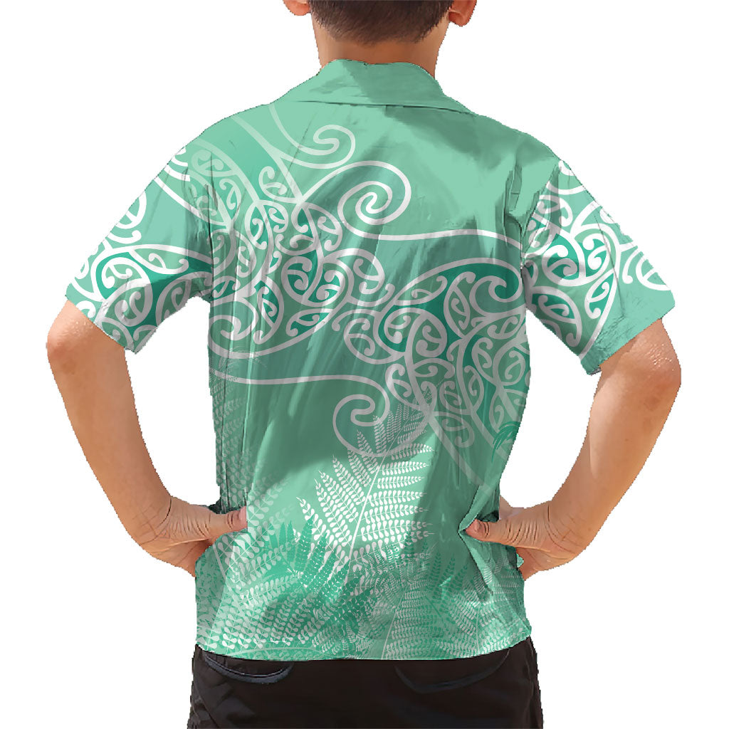 Aotearoa Maori Koru Curves Family Matching Off Shoulder Short Dress and Hawaiian Shirt Silver Ferns - Mint