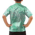 Aotearoa Maori Koru Curves Family Matching Off Shoulder Short Dress and Hawaiian Shirt Silver Ferns - Mint