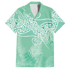 Aotearoa Maori Koru Curves Family Matching Off Shoulder Short Dress and Hawaiian Shirt Silver Ferns - Mint