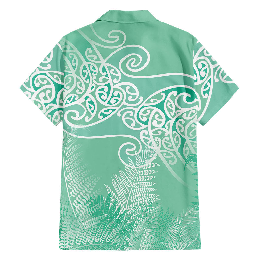 Aotearoa Maori Koru Curves Family Matching Off Shoulder Short Dress and Hawaiian Shirt Silver Ferns - Mint