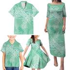 Aotearoa Maori Koru Curves Family Matching Puletasi and Hawaiian Shirt Silver Ferns - Mint