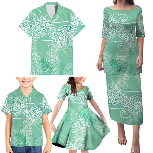 Aotearoa Maori Koru Curves Family Matching Puletasi and Hawaiian Shirt Silver Ferns - Mint