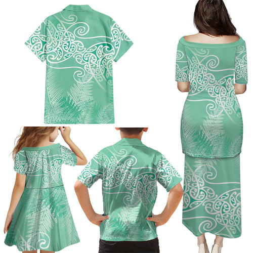 Aotearoa Maori Koru Curves Family Matching Puletasi and Hawaiian Shirt Silver Ferns - Mint