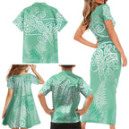 Aotearoa Maori Koru Curves Family Matching Short Sleeve Bodycon Dress and Hawaiian Shirt Silver Ferns - Mint
