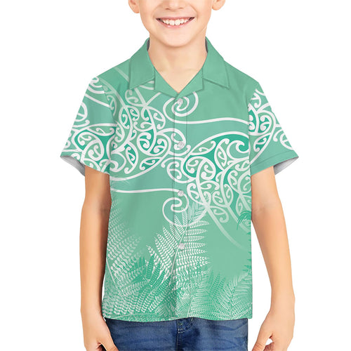 Aotearoa Maori Koru Curves Family Matching Short Sleeve Bodycon Dress and Hawaiian Shirt Silver Ferns - Mint